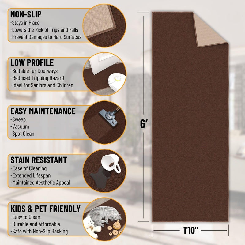 Ottomanson Hallway Runner Rug 1'10" x 6' Non Slip Solid Area Rugs Easy to Clean Laundry Rug Runner Durable & Pet Friendly Floor Carpet Runners for Hallways Entryway Living Room Kitchen, Brown - Image 2